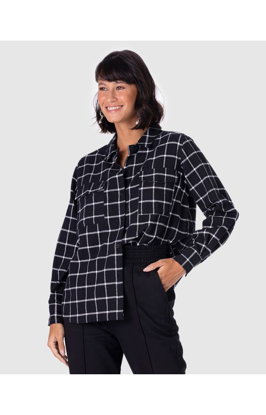 Camisa Feminina Xadrez Bolso Frontal Em Tecido Flanelado