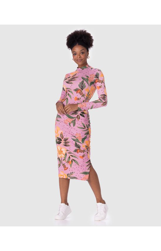 Vestido Midi Feminino Floral Fenda Lateral Em Viscose Stretch