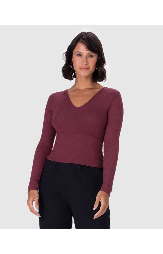 Blusa Feminina Recorte Franzido Lateral Em Malha Canelada De Viscose
