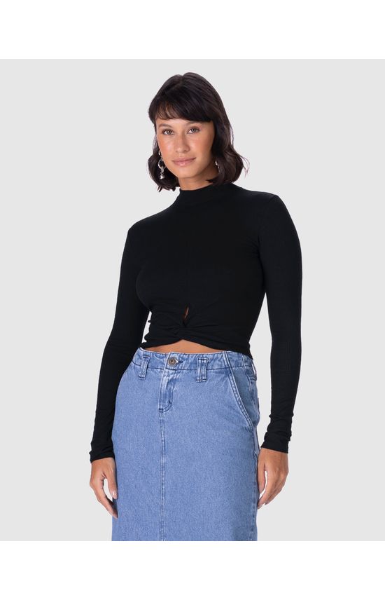 Blusa Long Cropped Feminina Torção Frontal Em Malha Canelada De Viscose