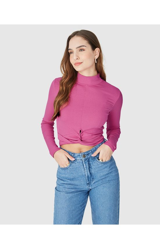 Blusa Long Cropped Feminina Torção Frontal Em Malha Canelada De Viscose