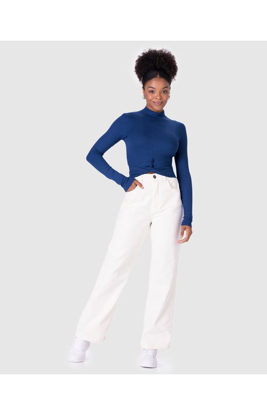 Blusa Long Cropped Feminina Torção Frontal Em Malha Canelada De Viscose