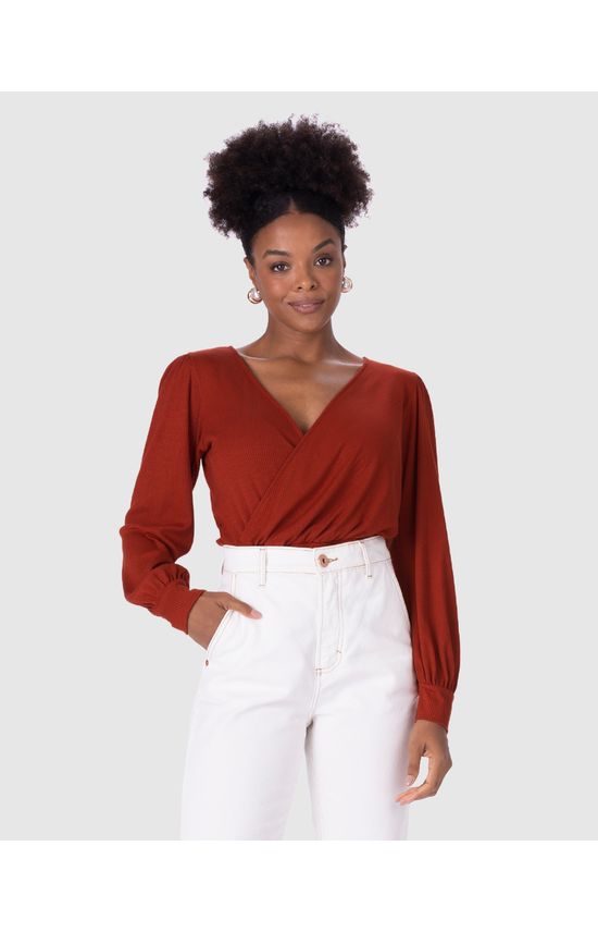 Blusa Cropped Feminina Manga Longa Em Malha Viscose Canelada