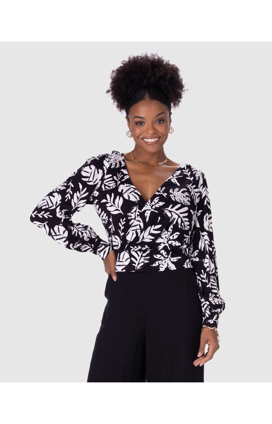 Blusa Cropped Feminina Estampa Folhagem Em Malha Viscose Canelada