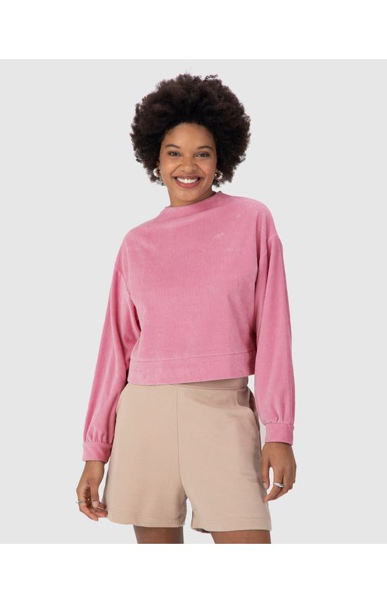 Blusão Feminino Punho Franzido Em Malha Plush Cotelê