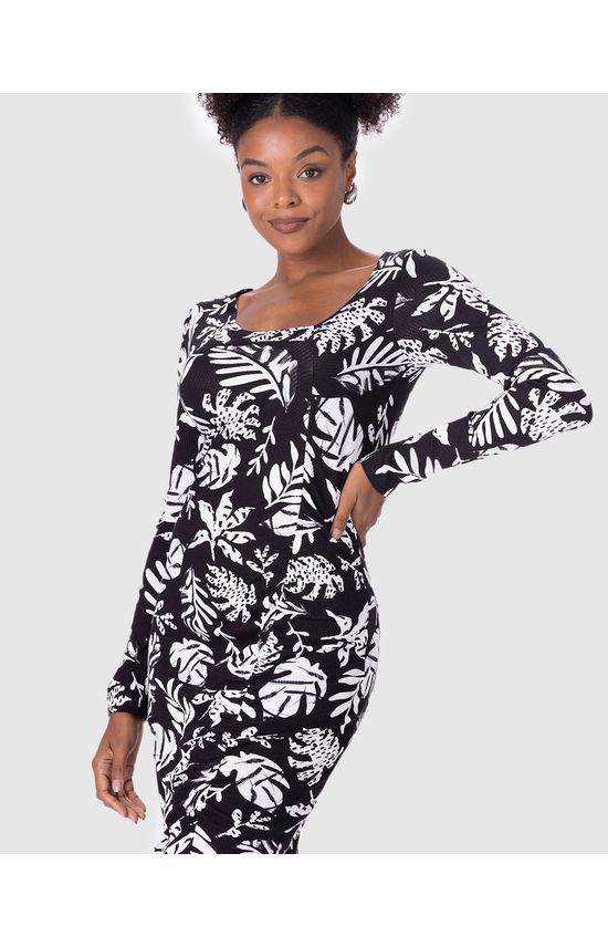 Vestido Midi Feminino Manga Longa Fenda Frontal Em Malha Viscose Canelada