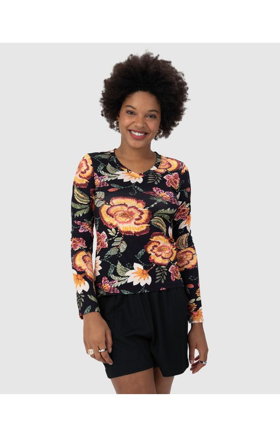 Blusa Feminina Gola V Estampada Em Viscose Stretch