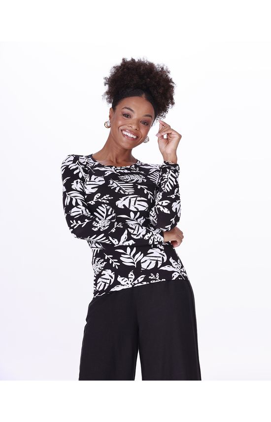 Blusa Feminina Manga Longa Folhagem Em Viscose Stretch