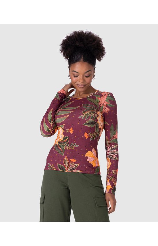 Blusa Feminina Manga Longa Floral Em Viscose Stretch