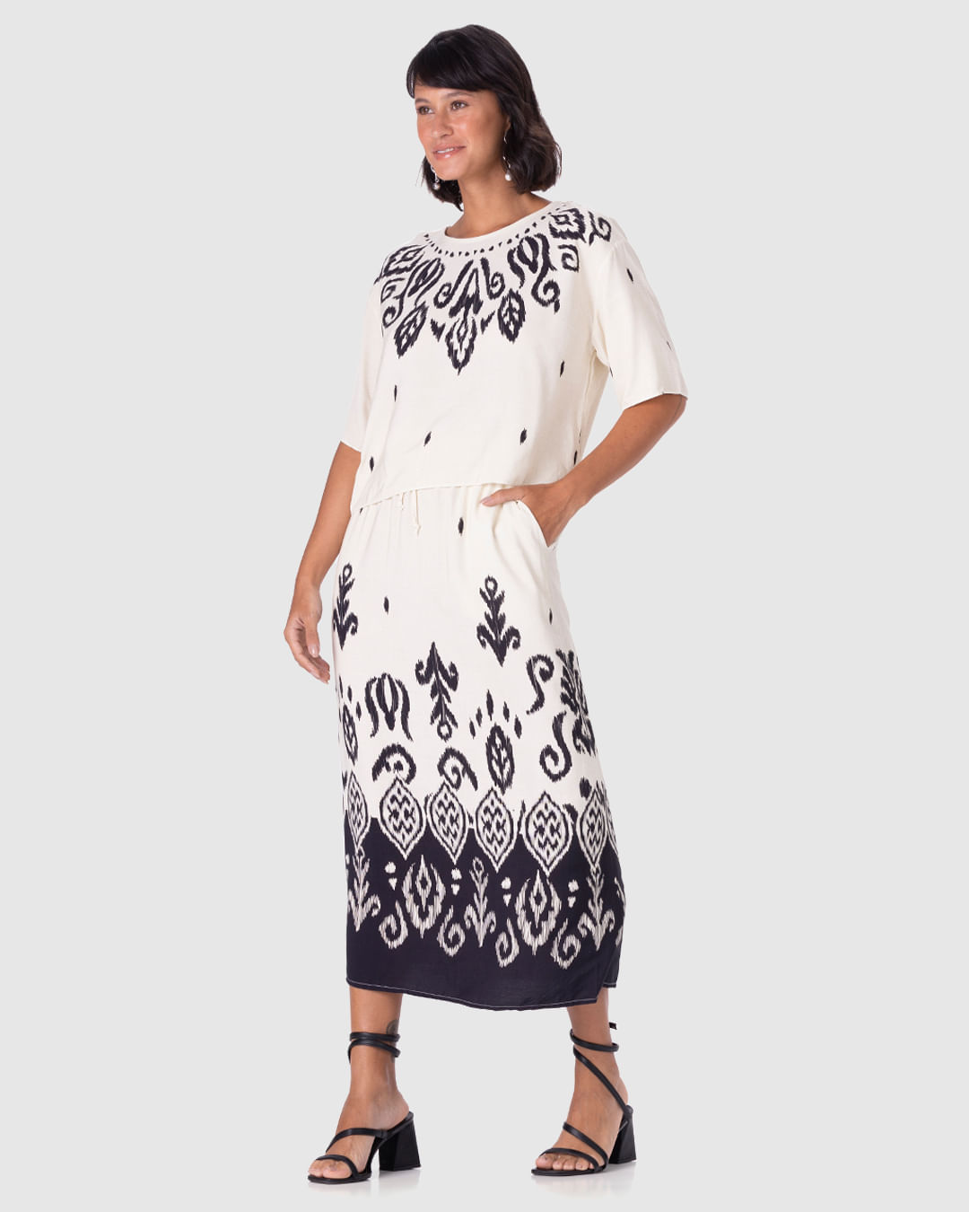 Saia Midi Feminina Estampada Bolso Lateral em Viscose