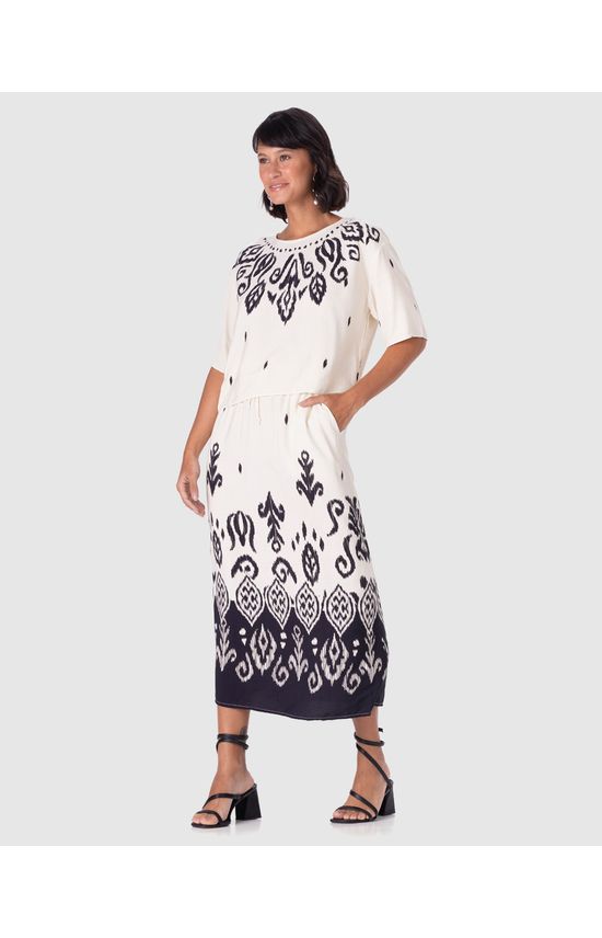 Saia Midi Feminina Estampada Bolso Lateral Em Viscose