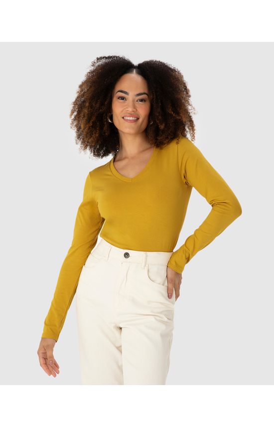 Blusa Básica Feminina Gola V Manga Longa Em Algodão