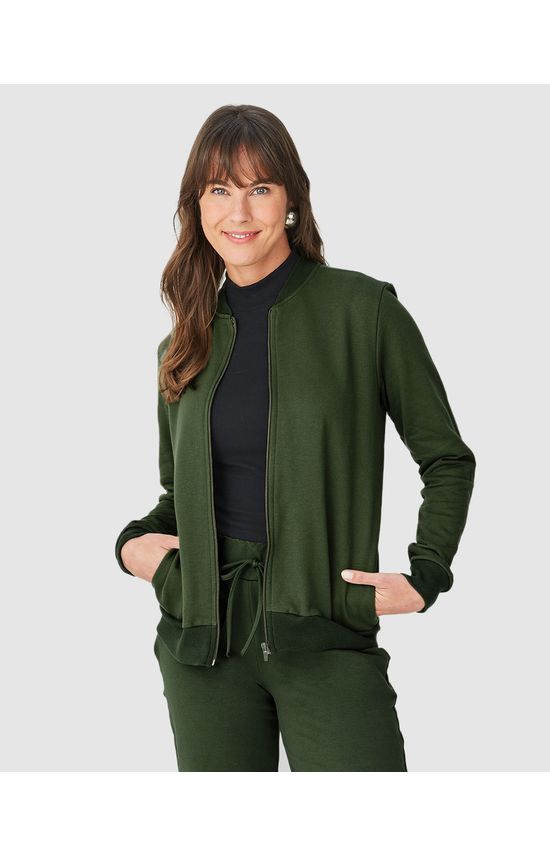 Jaqueta Básica Feminina Bolso Lateral Em Moletom Flanelado