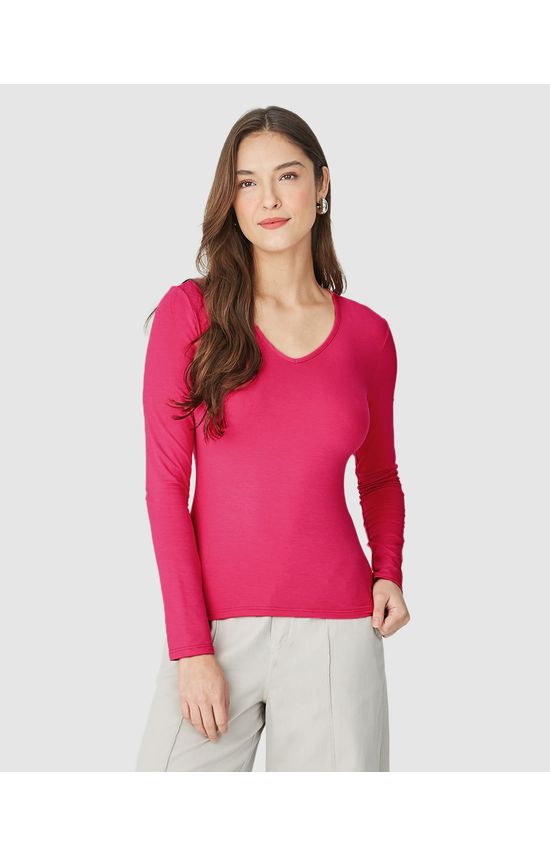 Blusa Básica Feminina Gola V Manga Longa Em Viscose Stretch