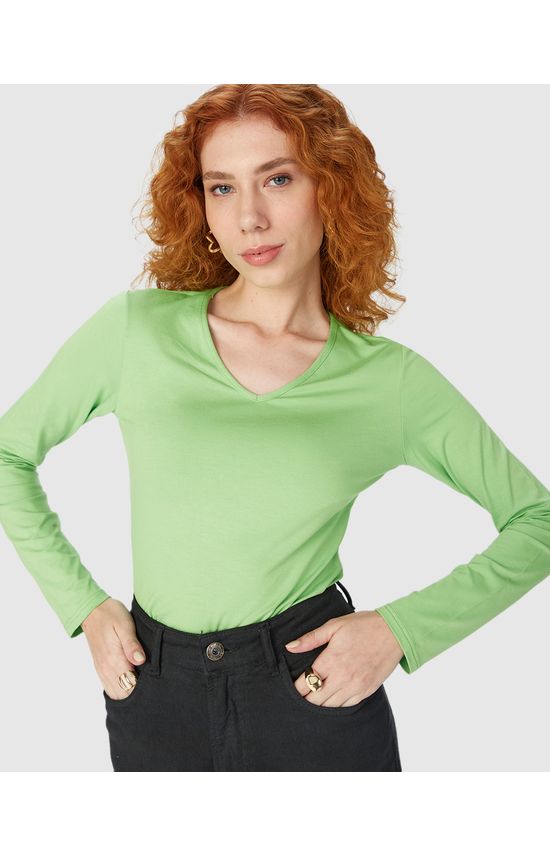 Blusa Básica Feminina Gola V Manga Longa Em Viscose Stretch