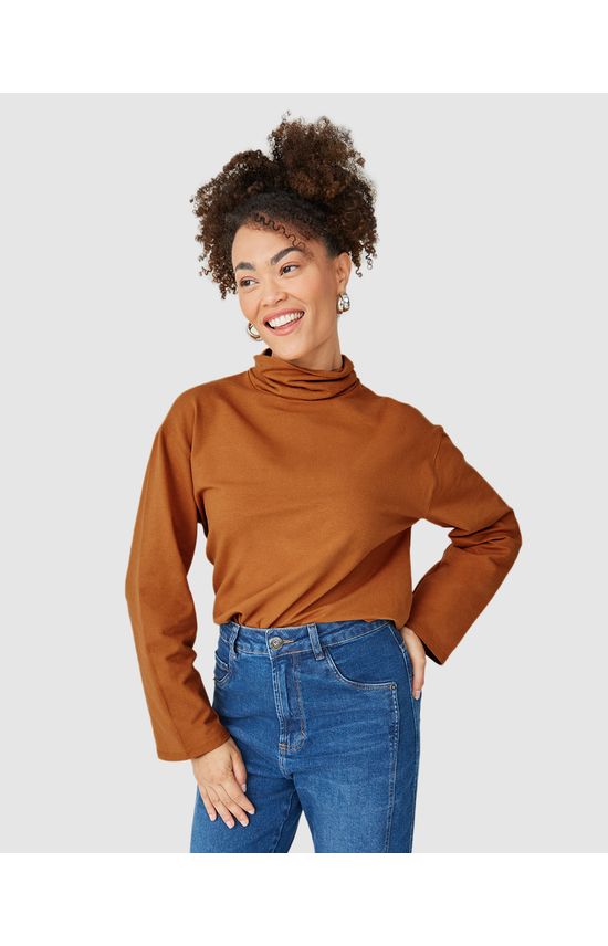 Blusa Feminina Manga Longa Gola Alta Em Moletinho Linho Stretch