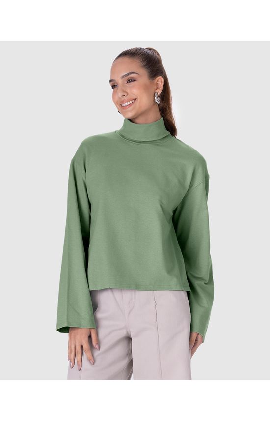 Blusa Feminina Manga Longa Gola Alta Em Moletinho Linho Stretch