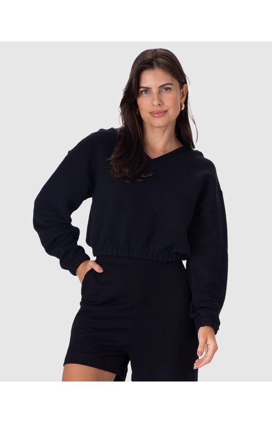 Blusão Cropped Feminino Barra Elástica Em Malha Relevo