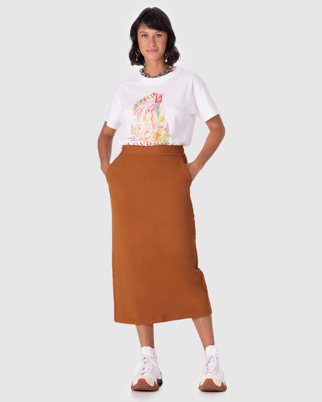 Saia Midi Feminina Fenda Costas Em Moletom Stretch Flanelado - Imagem 9