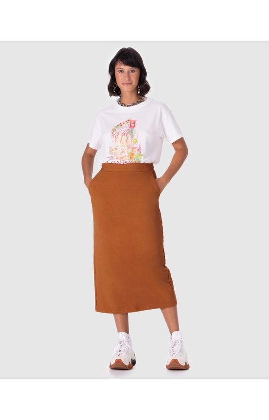 Saia Midi Feminina Fenda Costas Em Moletom Stretch Flanelado