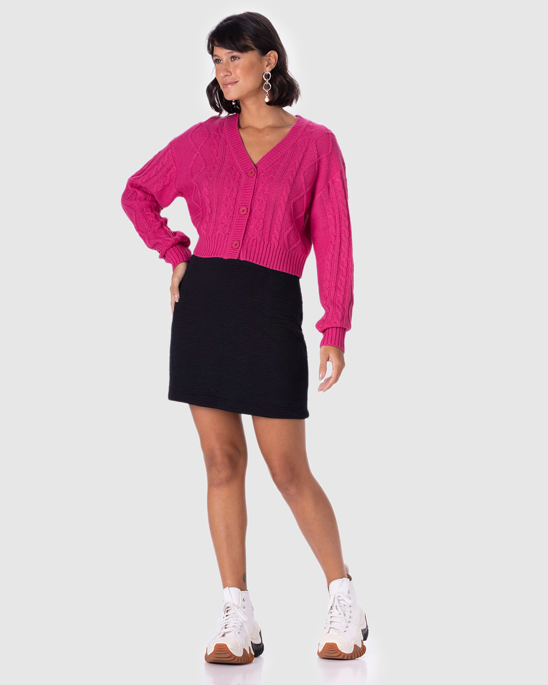Cardigan Cropped Feminino Trançado Em Tricô - Imagem 7