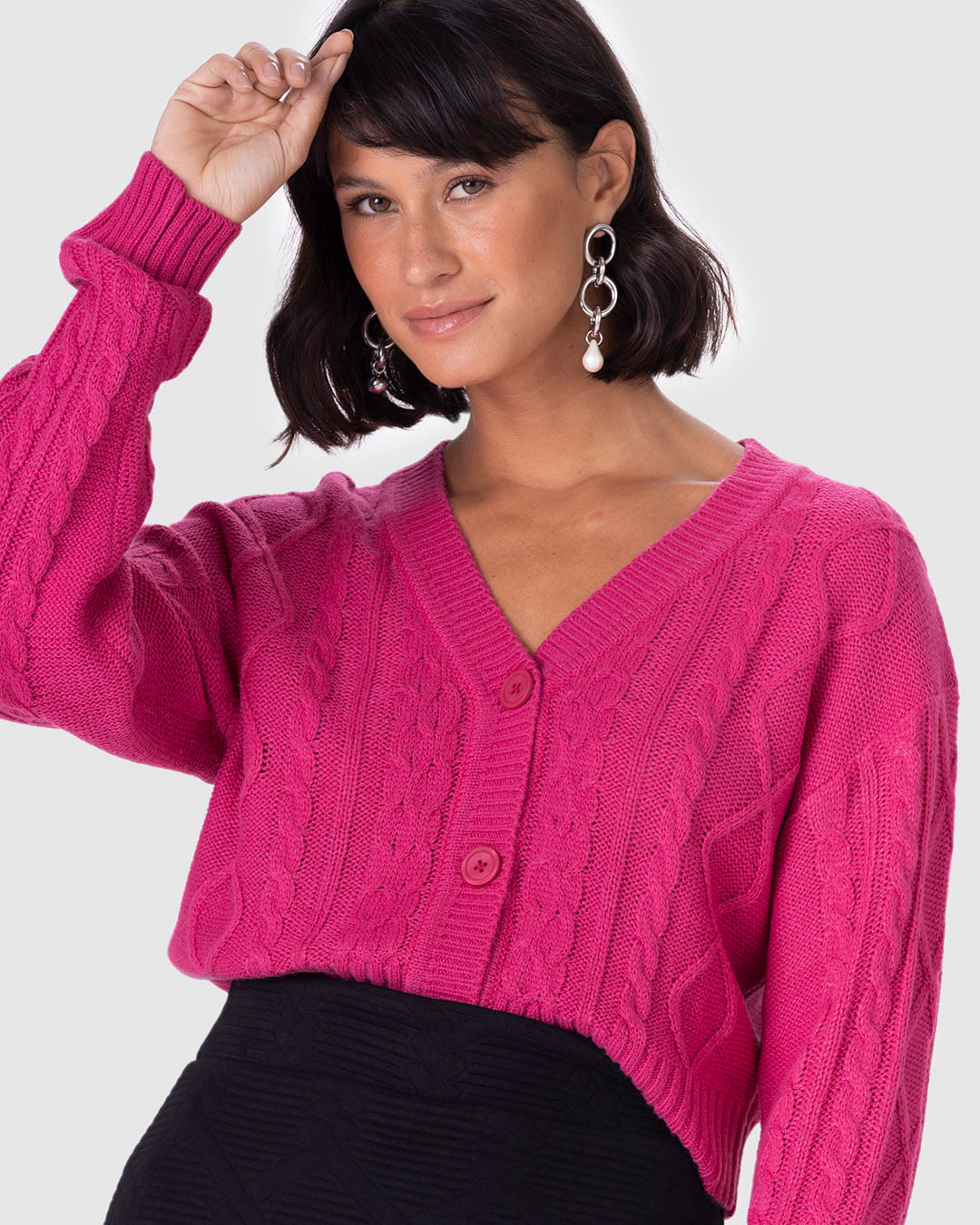 Cardigan Cropped Feminino Trançado Em Tricô - Imagem 8