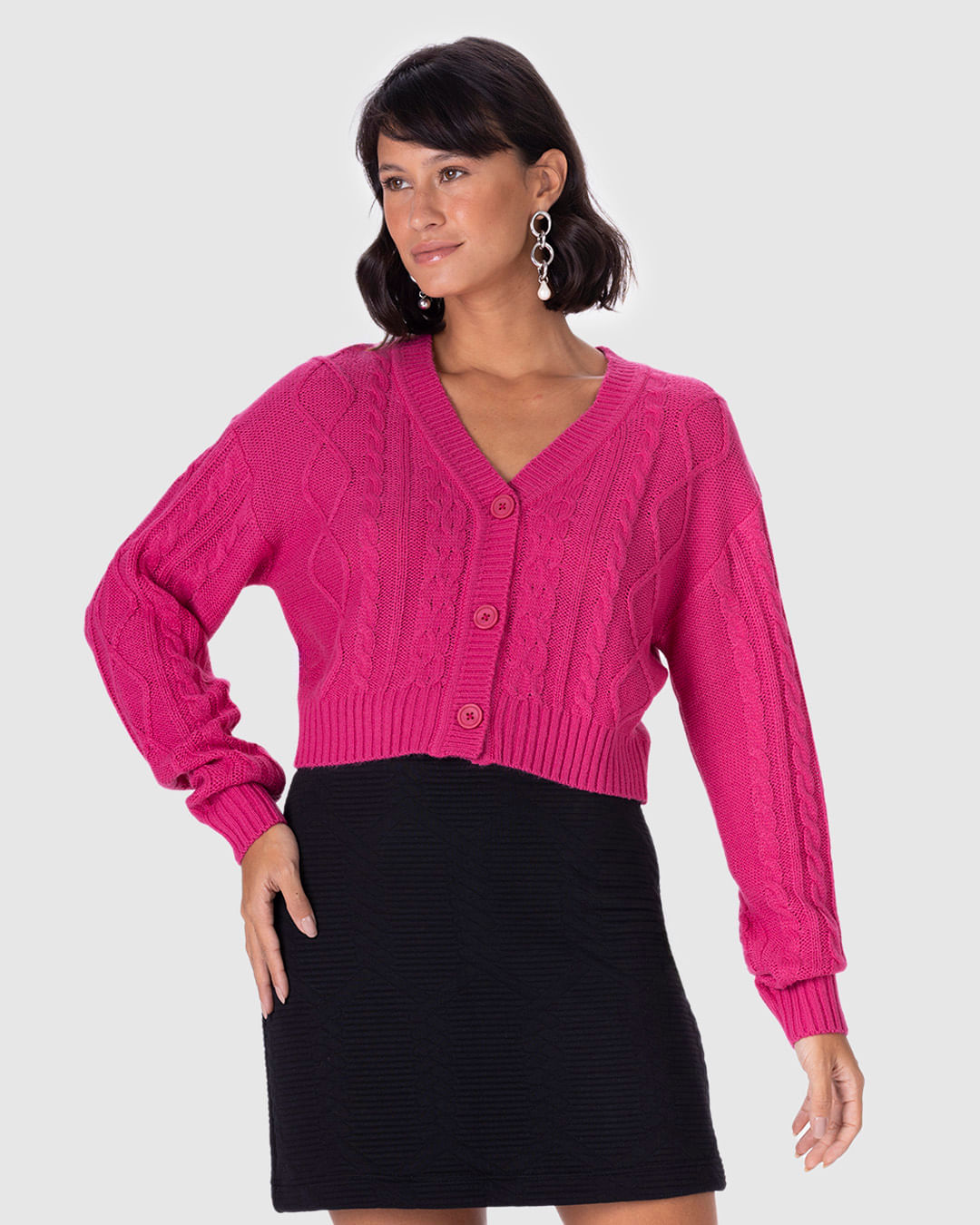Cardigan Cropped Feminino Trançado Em Tricô - Imagem 14