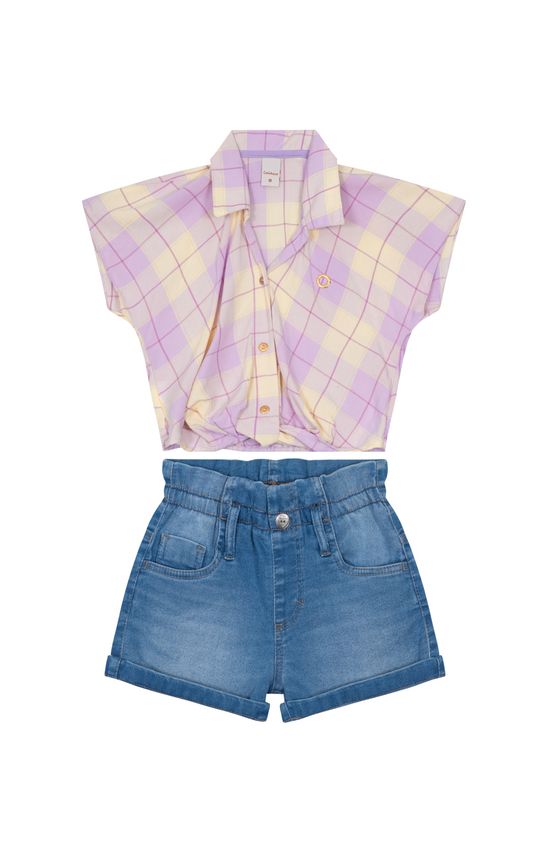 Conjunto Menina Camisa Xadrez Manga Curta Em Viscose - Carinhoso