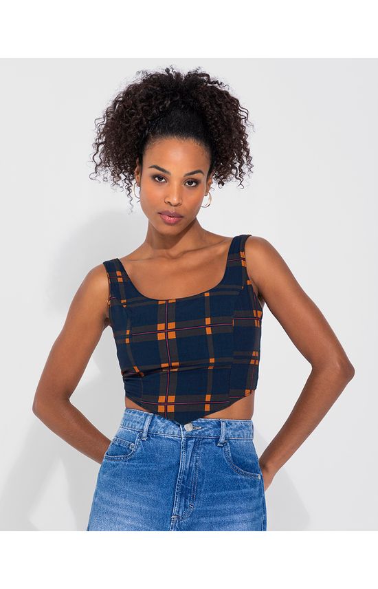 Blusa Cropped Corset Feminina Xadrez Em Viscose - ENFIM