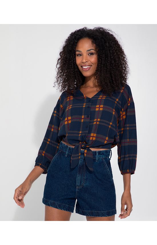 Camisa Feminina Xadrez Com Amarração Frontal Em Viscose - ENFIM