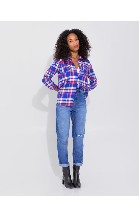 Camisa Feminina Alongada Xadrez Com Bolso Em Viscose Flanelada - ENFIM