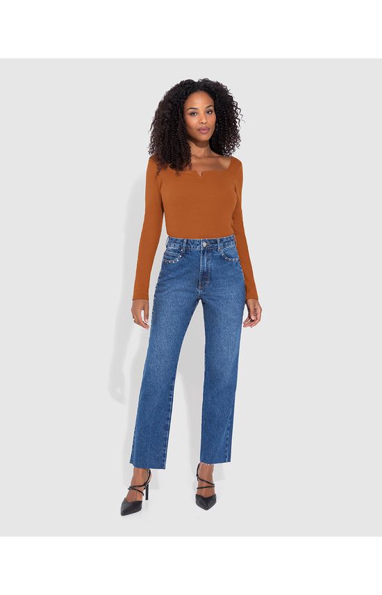 Blusa Feminina Decote Quadrado Manga Longa Em Ribana - ENFIM