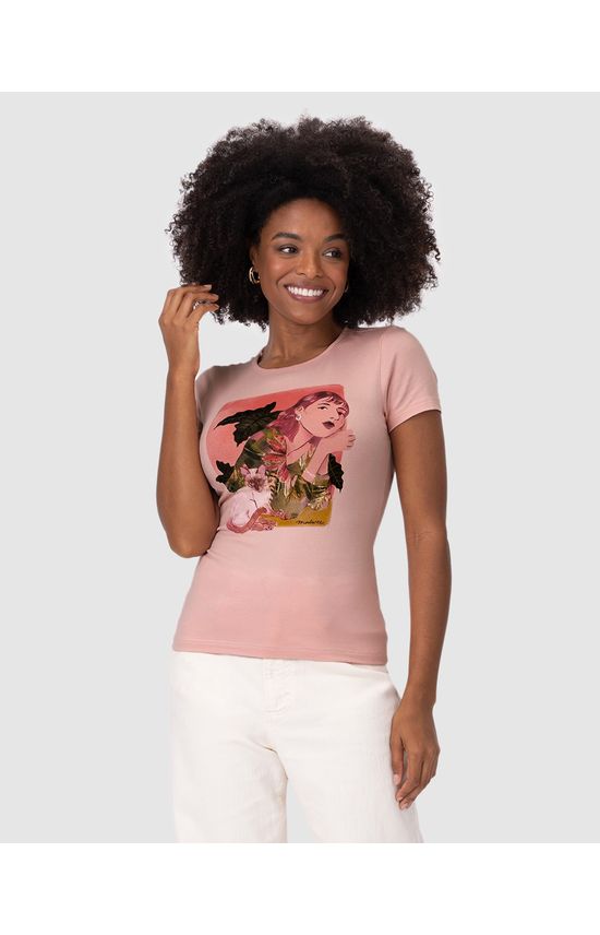 Camiseta Feminina Decote Redondo Estampa Ilustrativa Em Algodão