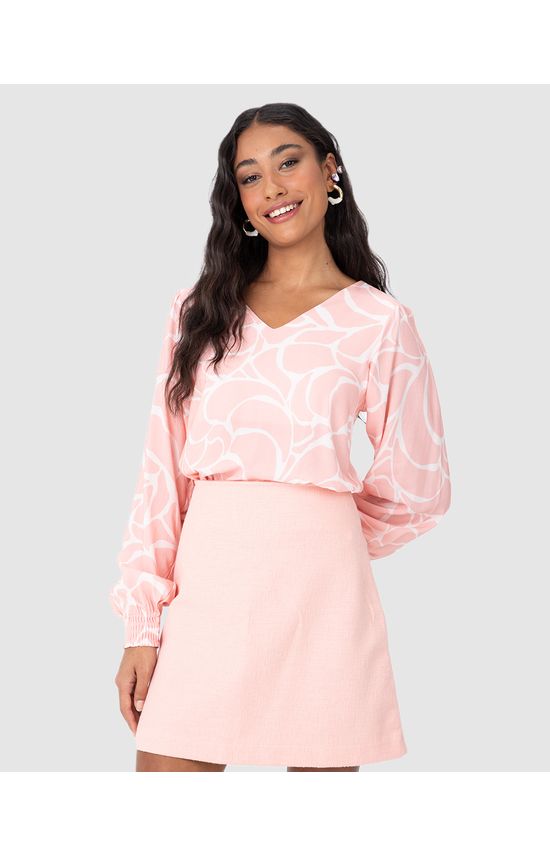 Blusa Feminina Estampa Abstrata Manga Longa Punho Elástico Em Viscose