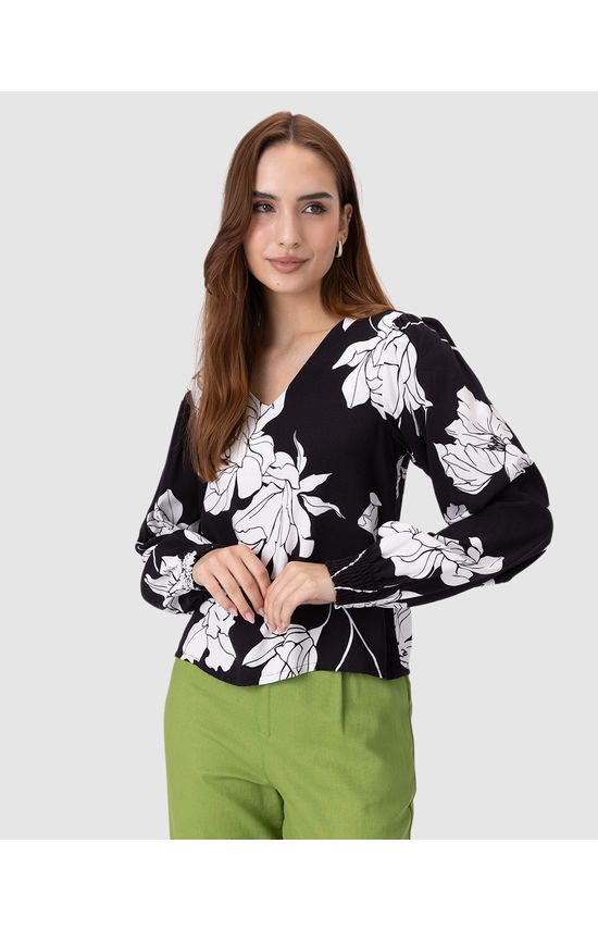 Blusa Feminina Estampa Floral Manga Longa Punho Elástico Em Viscose