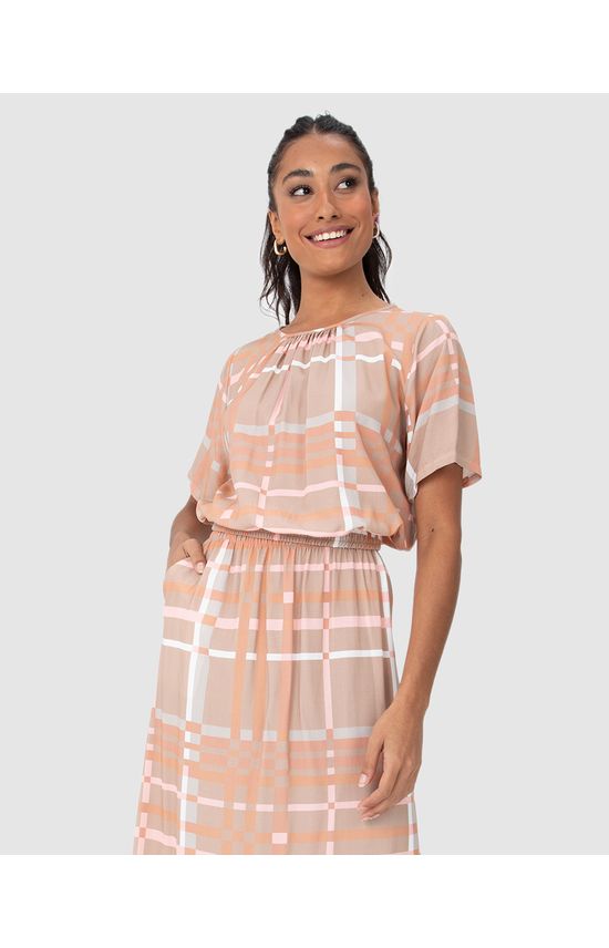 Blusa Cropped Feminina Xadrez Barra Com Elástico Em Viscose