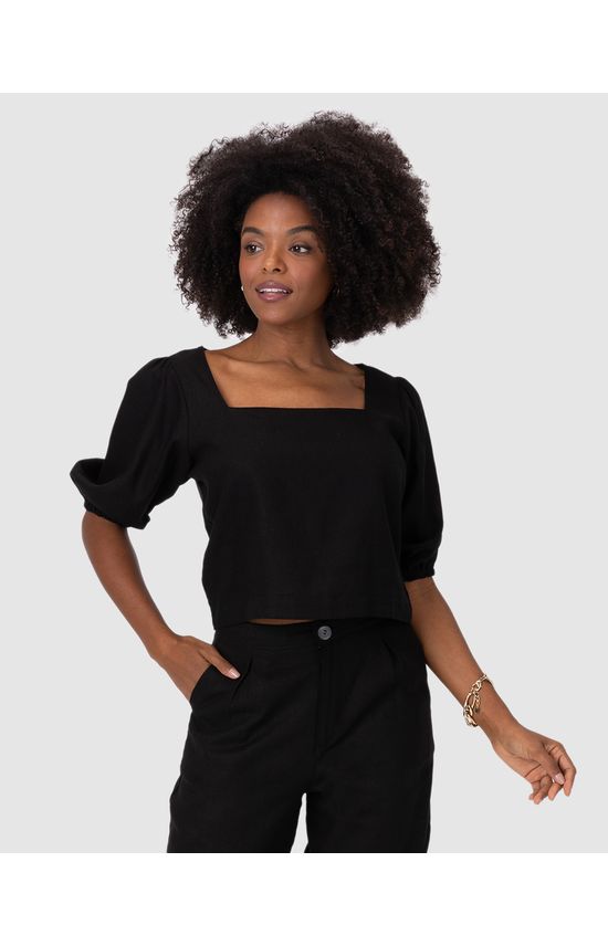 Blusa Cropped Feminina Manga 3/4 Em Viscolinho