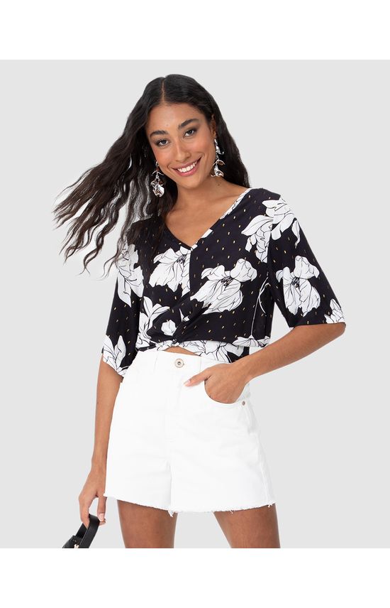 Blusa Cropped Feminina Torção Frontal Em Viscose Plumetis