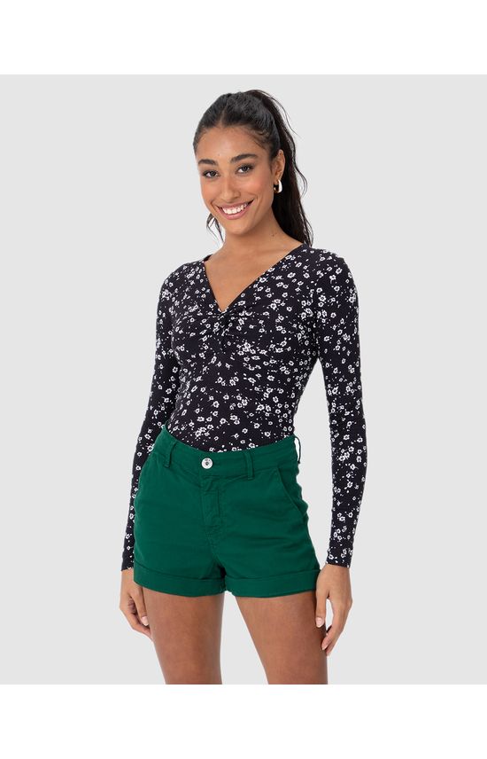 Blusa Justa Feminina Floral Decote Com Torção Em Malha Viscose Canelada