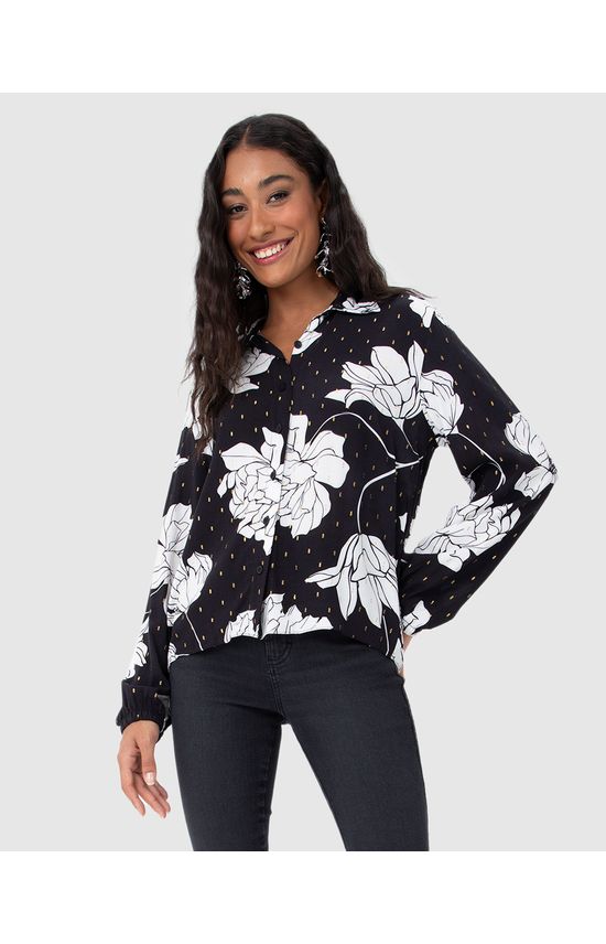Camisa Feminina Alongada Floral Em Viscose Plumetis