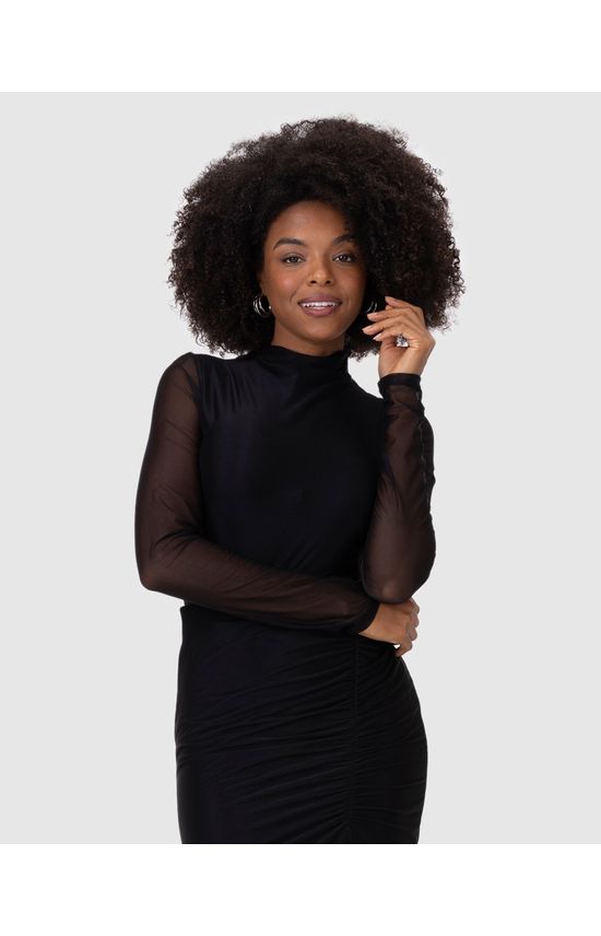 Blusa Justa Feminina Gola Alta Franzido Frontal Em Tule