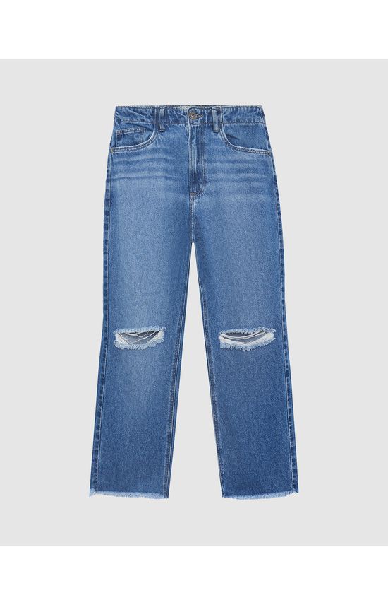 Calça Straight Feminina Rasgo No Joelho Em Jeans 100% Algodão