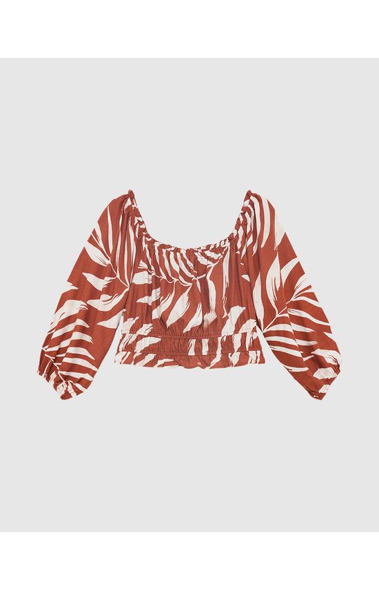 Blusa Cropped Feminina Plus Size Folhagem Manga Longa Em Viscolinho