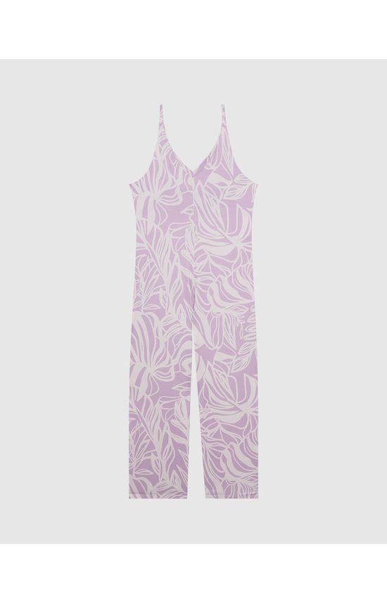 Macacão Feminino Plus Size Estampa Folhagem Em Viscose Stretch