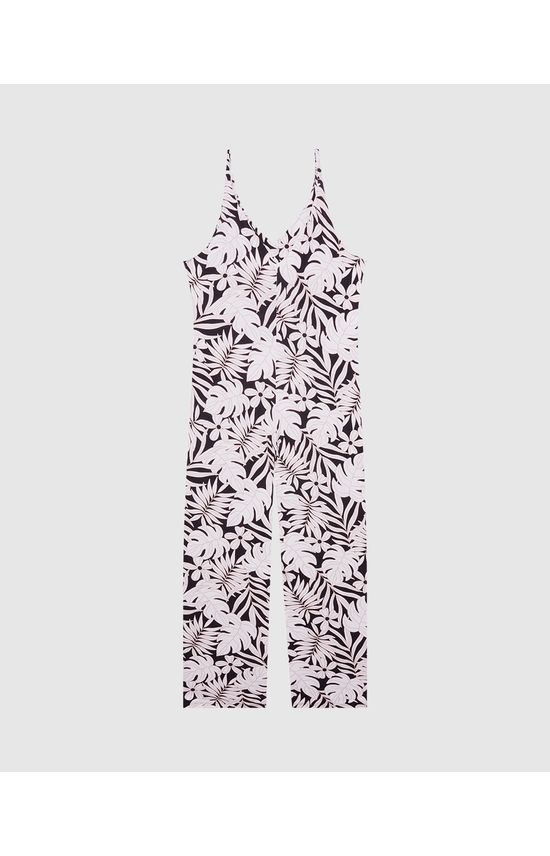 Macacão Feminino Plus Size Estampa Folhagem Em Viscose Stretch