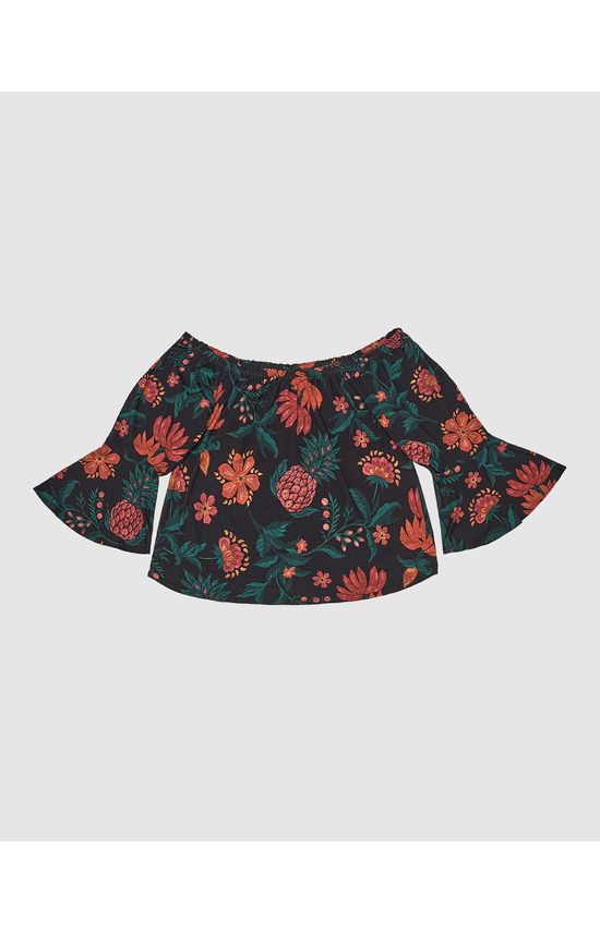 Blusa Feminina Plus Size Manga Godê Floral Em Viscose Stretch