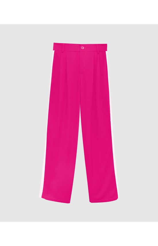 Calça Wide Leg Feminina Faixa Lateral Em Viscose Sarjada