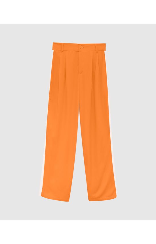 Calça Wide Leg Feminina Faixa Lateral Em Viscose Sarjada