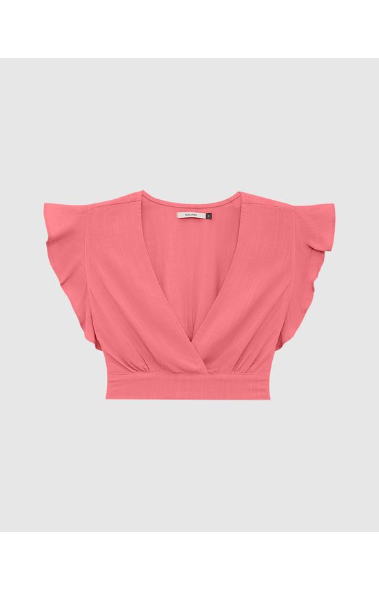 Blusa Long Cropped Feminina Decote V E Manga Babados Em Viscose