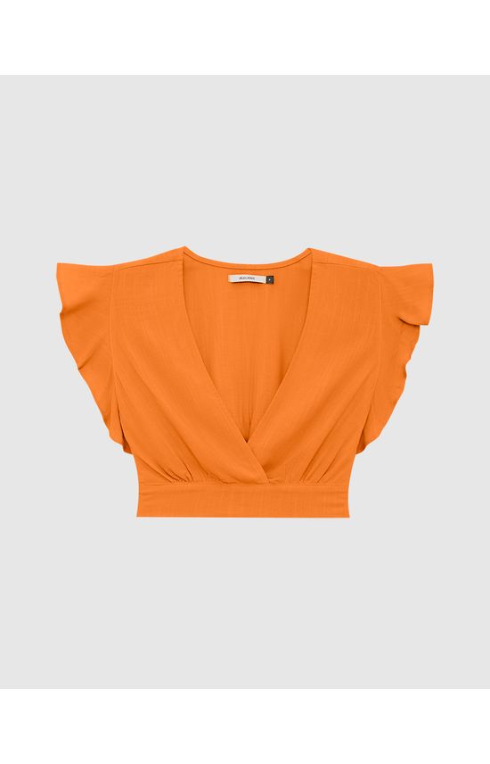 Blusa Long Cropped Feminina Decote V E Manga Babados Em Viscose
